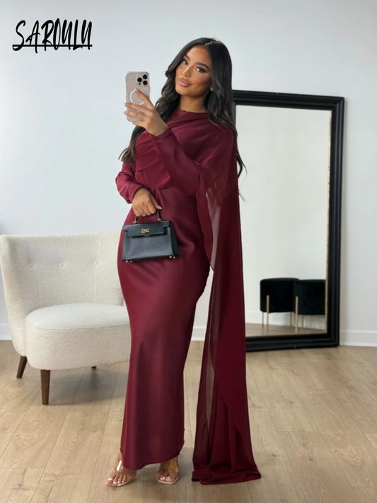 Burgundy Abaya Women Satin Modest Evening Dress Simple Hot Sale Cocktail Gown With Side Cape Elegant Arabic Long Sleeves Robe