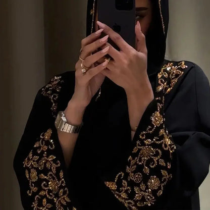 Luxury Abaya Embroidered Sequin Evening Abaya Long Sleeve Modest Abaya Middle Eastern Black Gown Hijab Friendly Party Wear