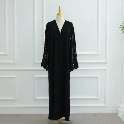 Eid Open Abaya Dubai Elegant Hand-sewn Beads Muslim Party Dress Abayas for Women Jalabiya Kaftan Robe Ramadan Islamic Clothing