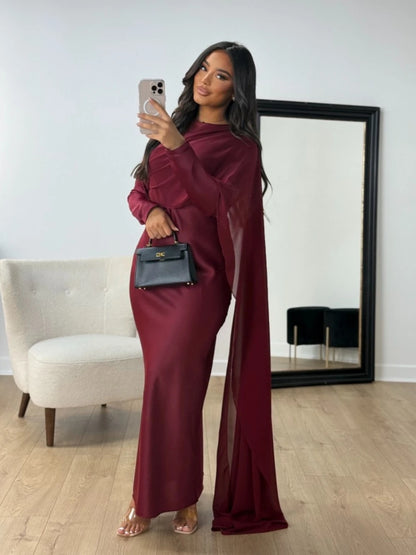 Burgundy Abaya Women Satin Modest Evening Dress Simple Hot Sale Cocktail Gown With Side Cape Elegant Arabic Long Sleeves Robe