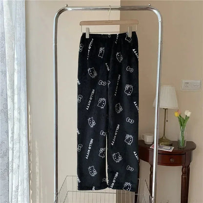 Christmas Sanrio Hello Kitty Pajamas Halloween Flannel Fashion Trouserswomen Kawaii Woolen Anime Cartoon Casual Home Pant Autumn