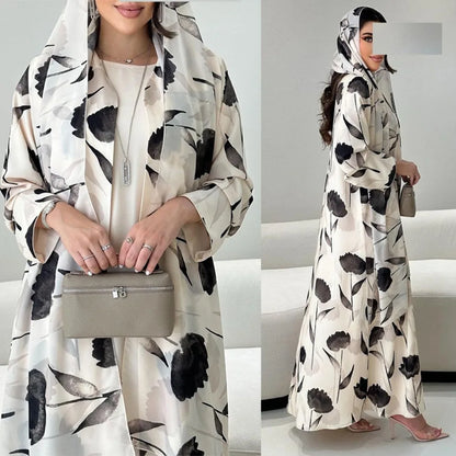 European Printed Abaya Suit Long Sleeved Robe and Headscarf Suitable for Muslim Women's Casual and Outdoor Activities Clothing