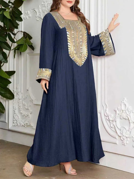 GIBSIE Plus Size Ethnic Style Square Neck Abaya Dress Women Spring 2026 New Casual Maxi Dress Turkey Kaftan Islamic Clothing