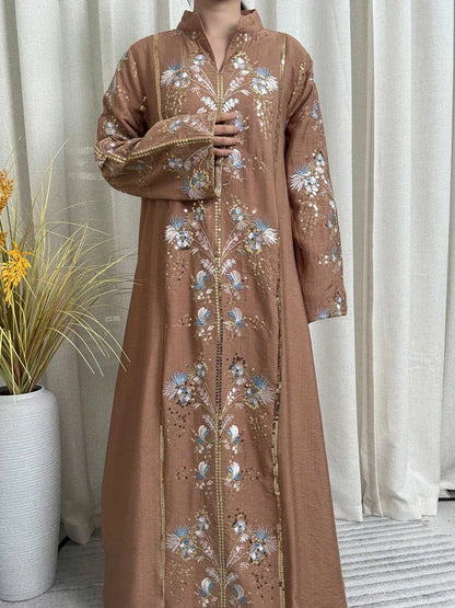 2025 Teal Muslim Abaya with Stand Collar and Exquisite Floral Embroidery Ideal for Islamic Festivities and Ramadan Celebrations