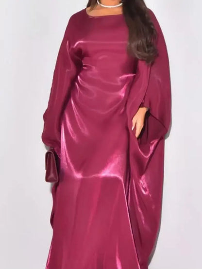 Muslim  High-End Solid Color Shiny Satin Batwing Sleeve Dress Long Robe Abaya Loose Maxi Dresss