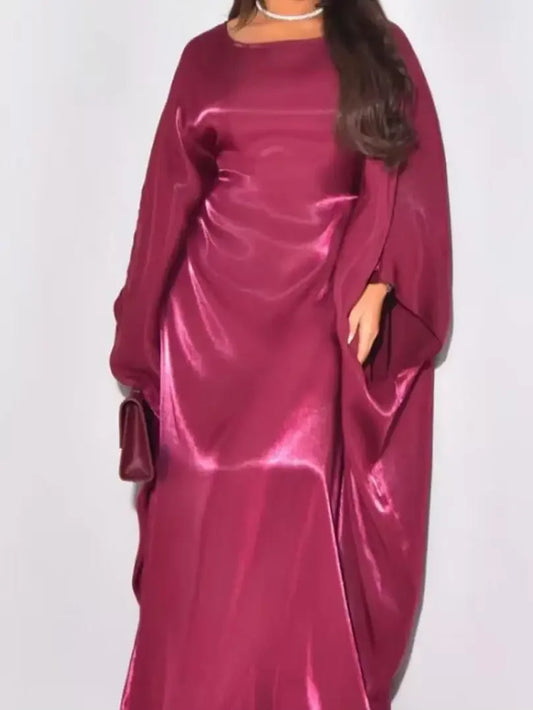 Muslim  High-End Solid Color Shiny Satin Batwing Sleeve Dress Long Robe Abaya Loose Maxi Dresss