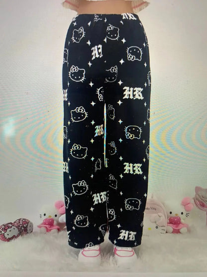 Christmas Sanrio Hello Kitty Pajamas Halloween Flannel Fashion Trouserswomen Kawaii Woolen Anime Cartoon Casual Home Pant Autumn