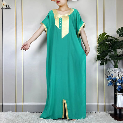 African Abayas New For Women Pure Color Cotton Islam Kaftan Maxi Short Sleeves Dresses Femme Muslim Casual Robe With Headscarf