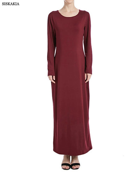 Siskakia Muslim Solid Casual Under Dress For Women Saudi African Abayas Long Sleeve Moroccan Kaftan Turkish Islamic Clothing