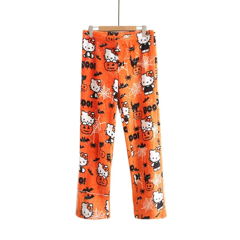 Christmas Sanrio Hello Kitty Pajamas Halloween Flannel Fashion Trouserswomen Kawaii Woolen Anime Cartoon Casual Home Pant Autumn