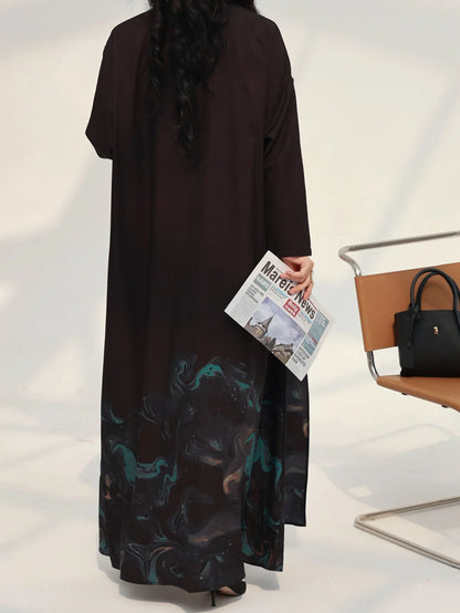 Middle-East Islamic Open Front Abaya Muslim Full Sleeve Loose Printed Elegant  Abayas Turkey Kaftans Women Jilbabs Maxi Dresses