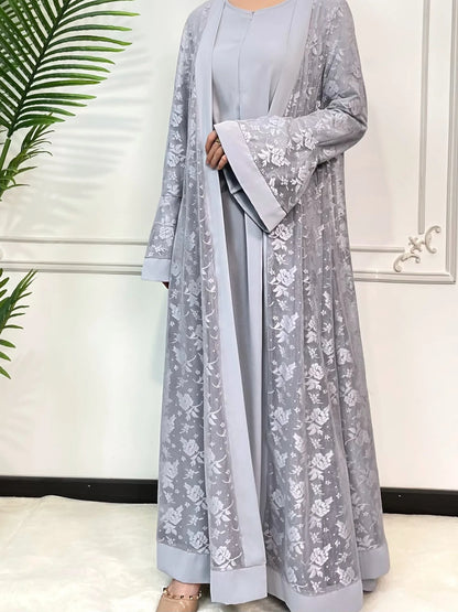 Lace Abaya 2 Piece Set Inner Dress Women Flare Sleeve Long Abayas Kaftan Djellaba Dubai Party Vestidos 2026