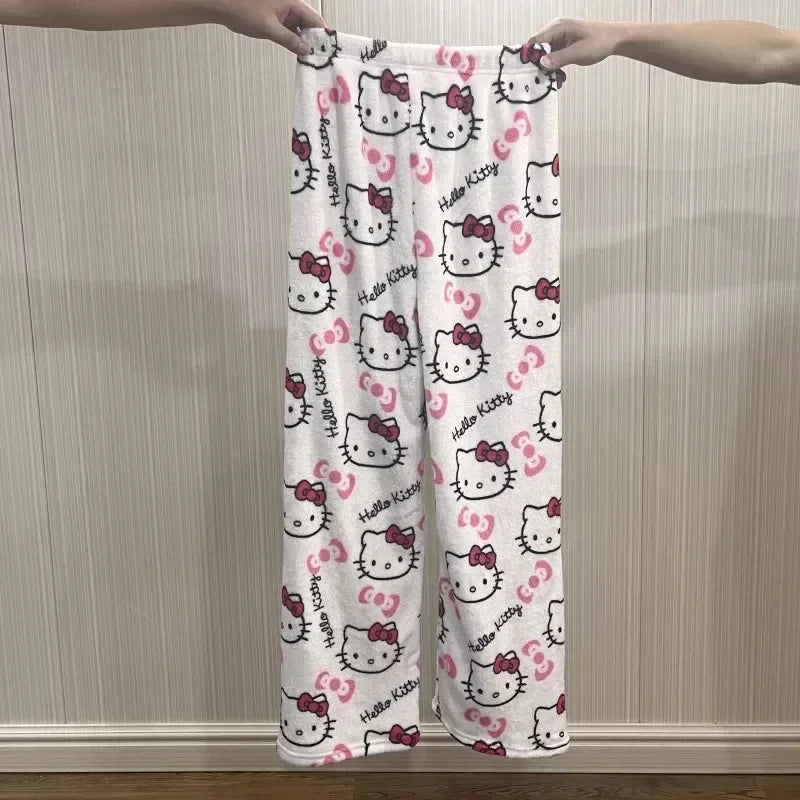 Christmas Sanrio Hello Kitty Pajamas Halloween Flannel Fashion Trouserswomen Kawaii Woolen Anime Cartoon Casual Home Pant Autumn