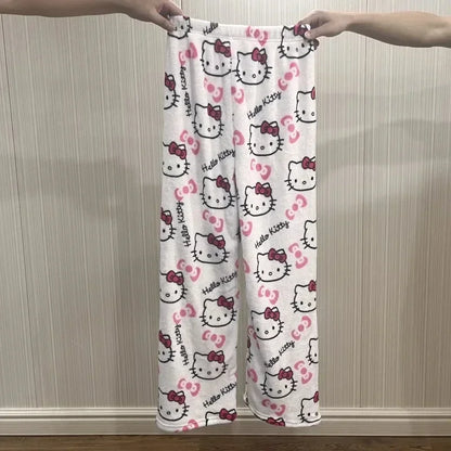 Christmas Sanrio Hello Kitty Pajamas Halloween Flannel Fashion Trouserswomen Kawaii Woolen Anime Cartoon Casual Home Pant Autumn