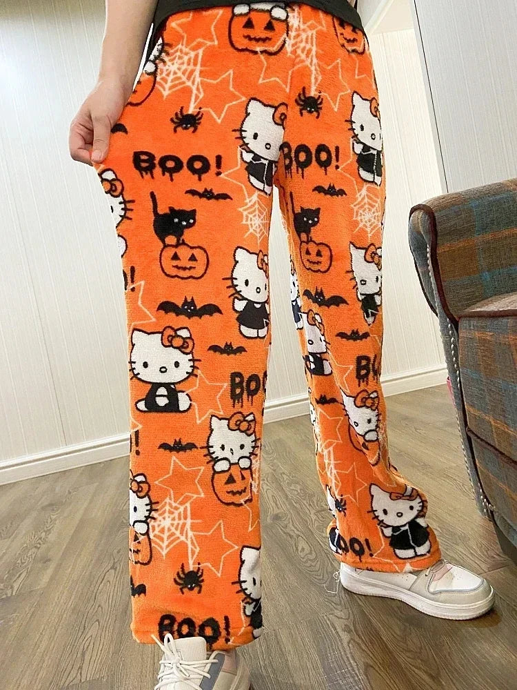Christmas Sanrio Hello Kitty Pajamas Halloween Flannel Fashion Trouserswomen Kawaii Woolen Anime Cartoon Casual Home Pant Autumn