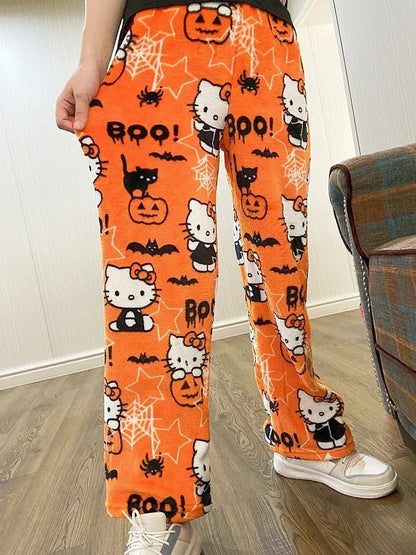 Christmas Sanrio Hello Kitty Pajamas Halloween Flannel Fashion Trouserswomen Kawaii Woolen Anime Cartoon Casual Home Pant Autumn