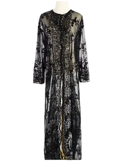 New Black White Sequin Kimono Cardigan Abaya Dubai Luxury Muslim Kaftan Abayas For Women Turkish Islamic Clothing Outfit