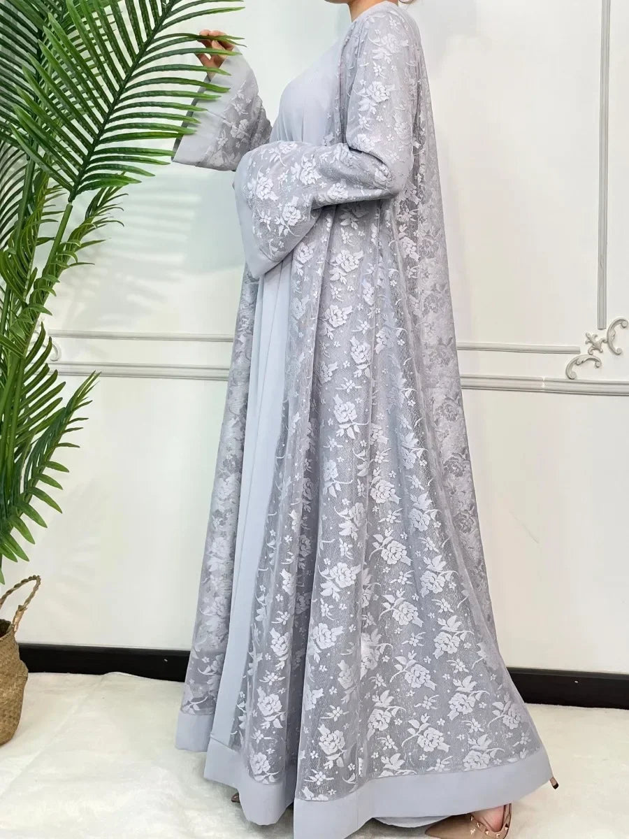 Lace Abaya 2 Piece Set Inner Dress Women Flare Sleeve Long Abayas Kaftan Djellaba Dubai Party Vestidos 2026