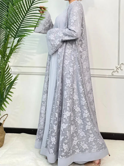 Lace Abaya 2 Piece Set Inner Dress Women Flare Sleeve Long Abayas Kaftan Djellaba Dubai Party Vestidos 2026