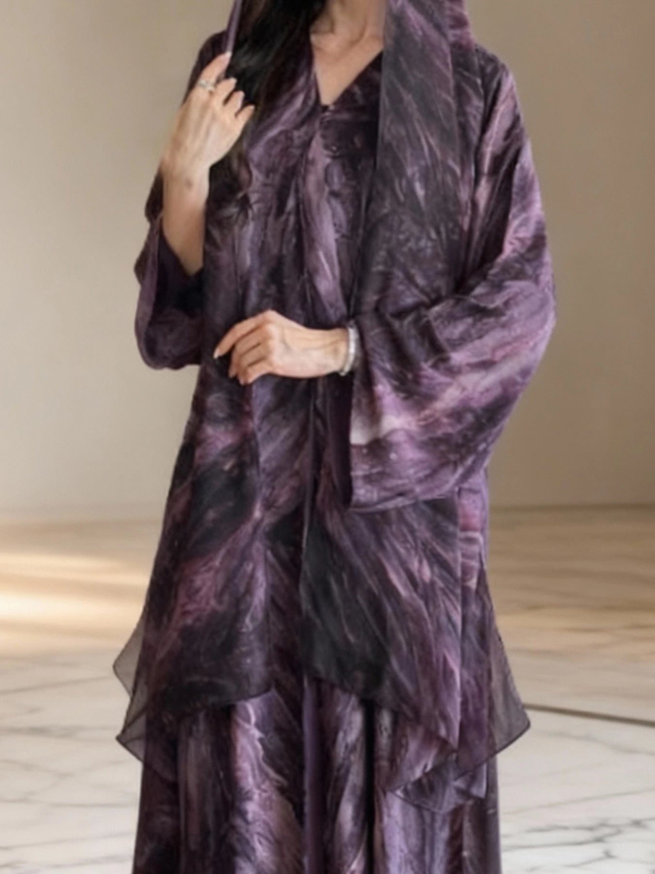 No headscarf; women's fashion Middle East Muslim tie-dye print spring and summer leisure long-sleeved coat robe elegant dress