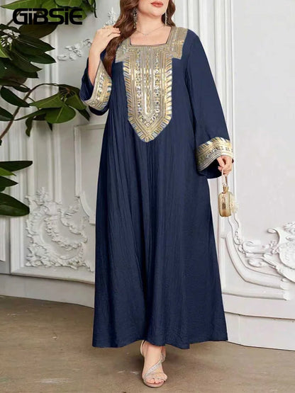 GIBSIE Plus Size Ethnic Style Square Neck Abaya Dress Women Spring 2026 New Casual Maxi Dress Turkey Kaftan Islamic Clothing