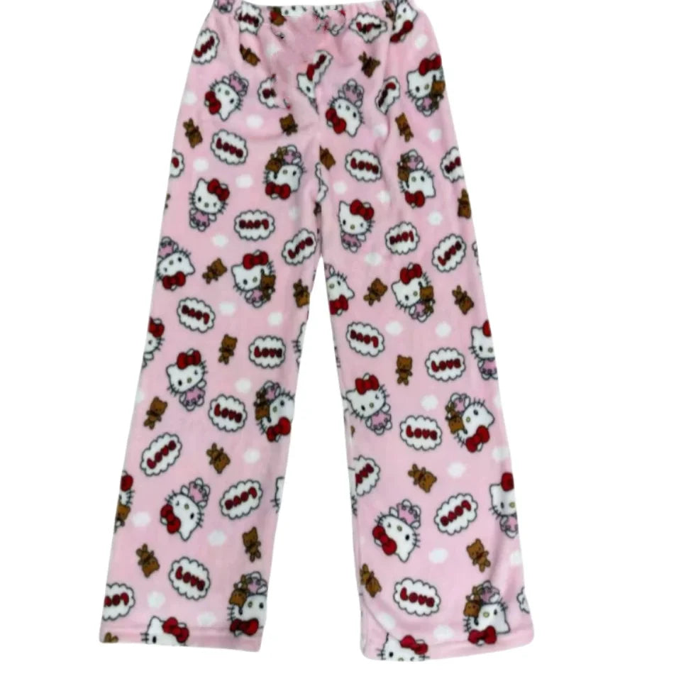 Christmas Sanrio Hello Kitty Pajamas Halloween Flannel Fashion Trouserswomen Kawaii Woolen Anime Cartoon Casual Home Pant Autumn