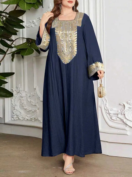 GIBSIE Plus Size Ethnic Style Square Neck Abaya Dress Women Spring 2026 New Casual Maxi Dress Turkey Kaftan Islamic Clothing