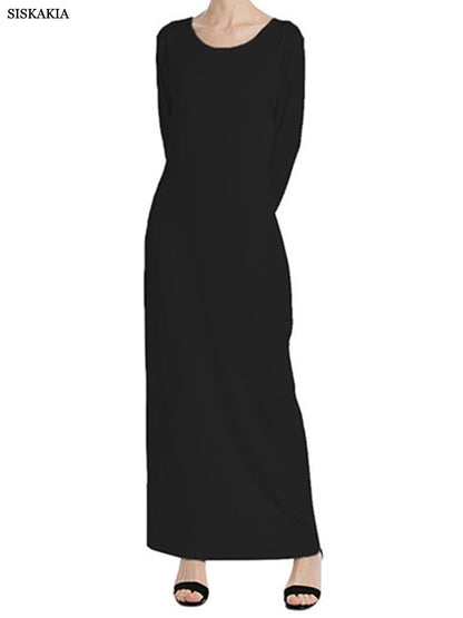 Siskakia Muslim Solid Casual Under Dress For Women Saudi African Abayas Long Sleeve Moroccan Kaftan Turkish Islamic Clothing