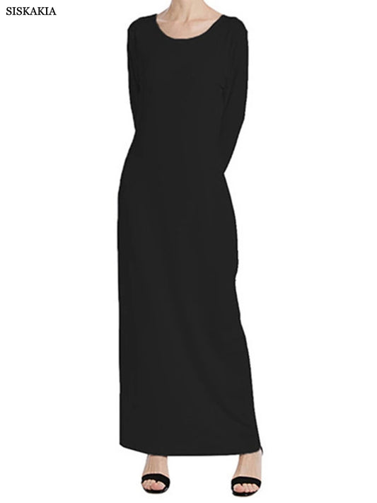 Siskakia Muslim Solid Casual Under Dress For Women Saudi African Abayas Long Sleeve Moroccan Kaftan Turkish Islamic Clothing