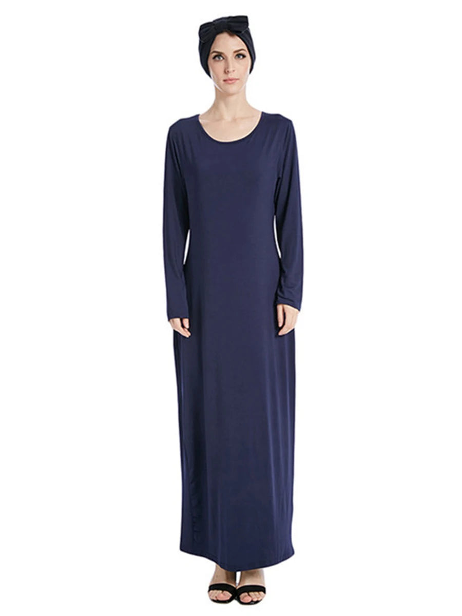 Siskakia Muslim Solid Casual Under Dress For Women Saudi African Abayas Long Sleeve Moroccan Kaftan Turkish Islamic Clothing