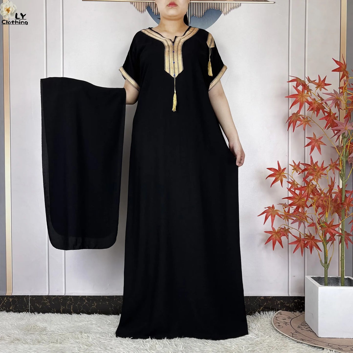 African Abayas New For Women Pure Color Cotton Islam Kaftan Maxi Short Sleeves Dresses Femme Muslim Casual Robe With Headscarf