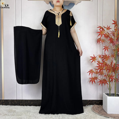 African Abayas New For Women Pure Color Cotton Islam Kaftan Maxi Short Sleeves Dresses Femme Muslim Casual Robe With Headscarf
