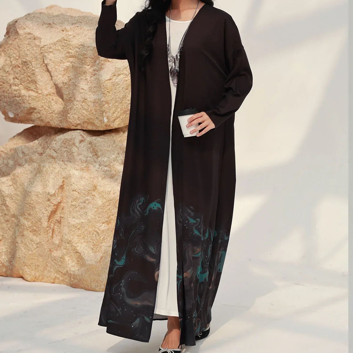 Middle-East Islamic Open Front Abaya Muslim Full Sleeve Loose Printed Elegant  Abayas Turkey Kaftans Women Jilbabs Maxi Dresses