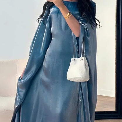 Muslim  High-End Solid Color Shiny Satin Batwing Sleeve Dress Long Robe Abaya Loose Maxi Dresss