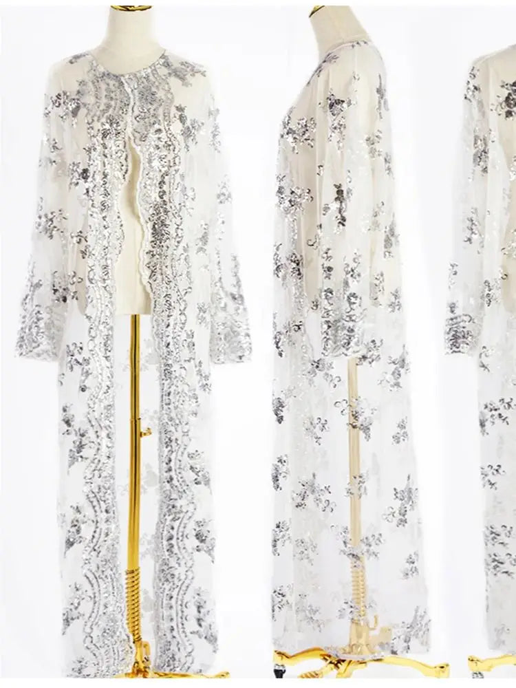 New Black White Sequin Kimono Cardigan Abaya Dubai Luxury Muslim Kaftan Abayas For Women Turkish Islamic Clothing Outfit