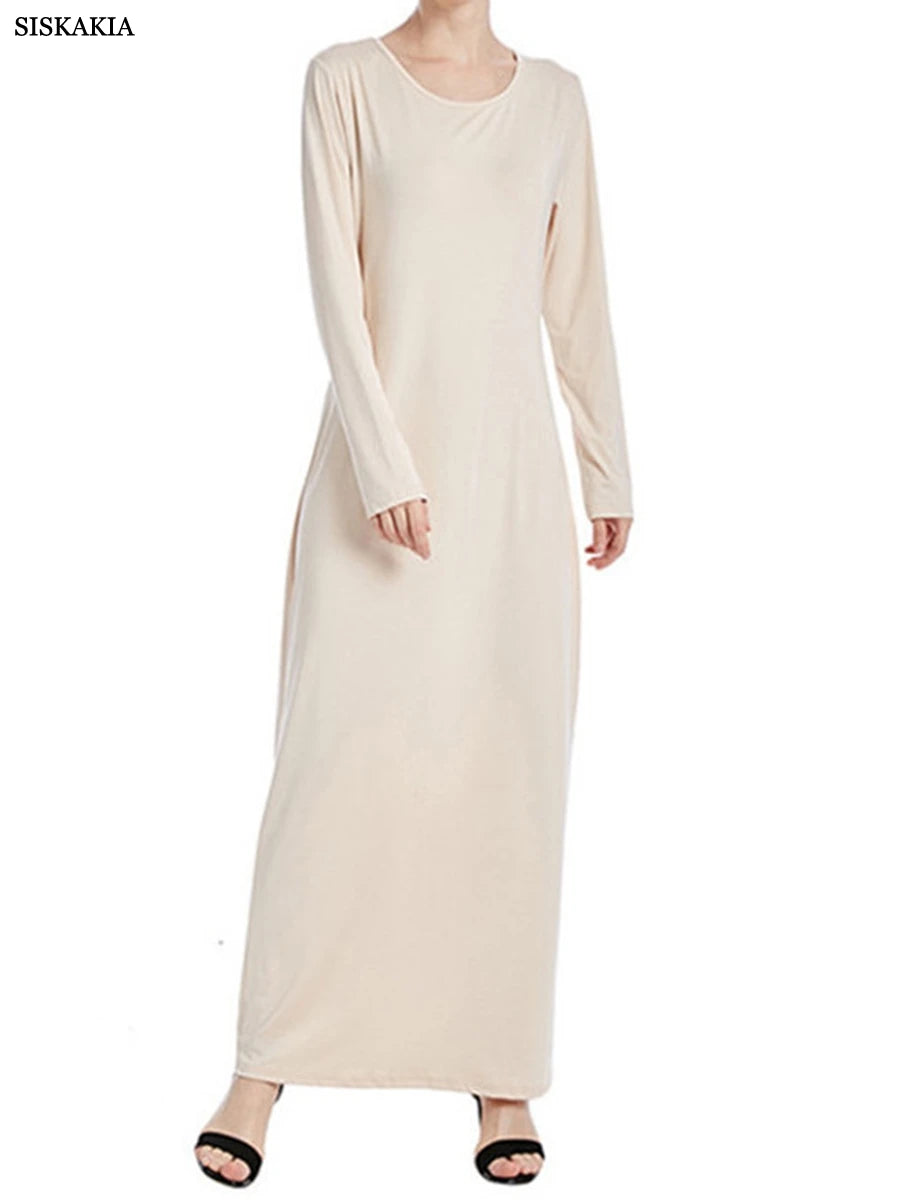Siskakia Muslim Solid Casual Under Dress For Women Saudi African Abayas Long Sleeve Moroccan Kaftan Turkish Islamic Clothing