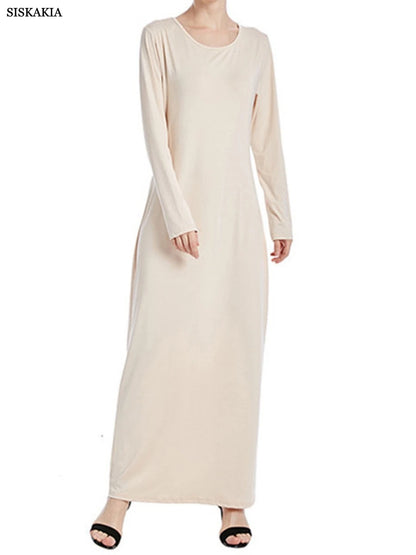 Siskakia Muslim Solid Casual Under Dress For Women Saudi African Abayas Long Sleeve Moroccan Kaftan Turkish Islamic Clothing