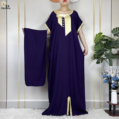 African Abayas New For Women Pure Color Cotton Islam Kaftan Maxi Short Sleeves Dresses Femme Muslim Casual Robe With Headscarf