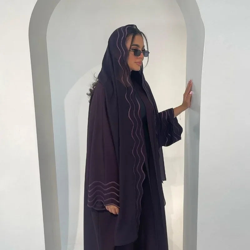 2025 New Abaya Under Dress Kaftan Solid Ramadan Muslim Sets Exquisite Embroidery Embroidery Coat with Headband Islamic Clothing