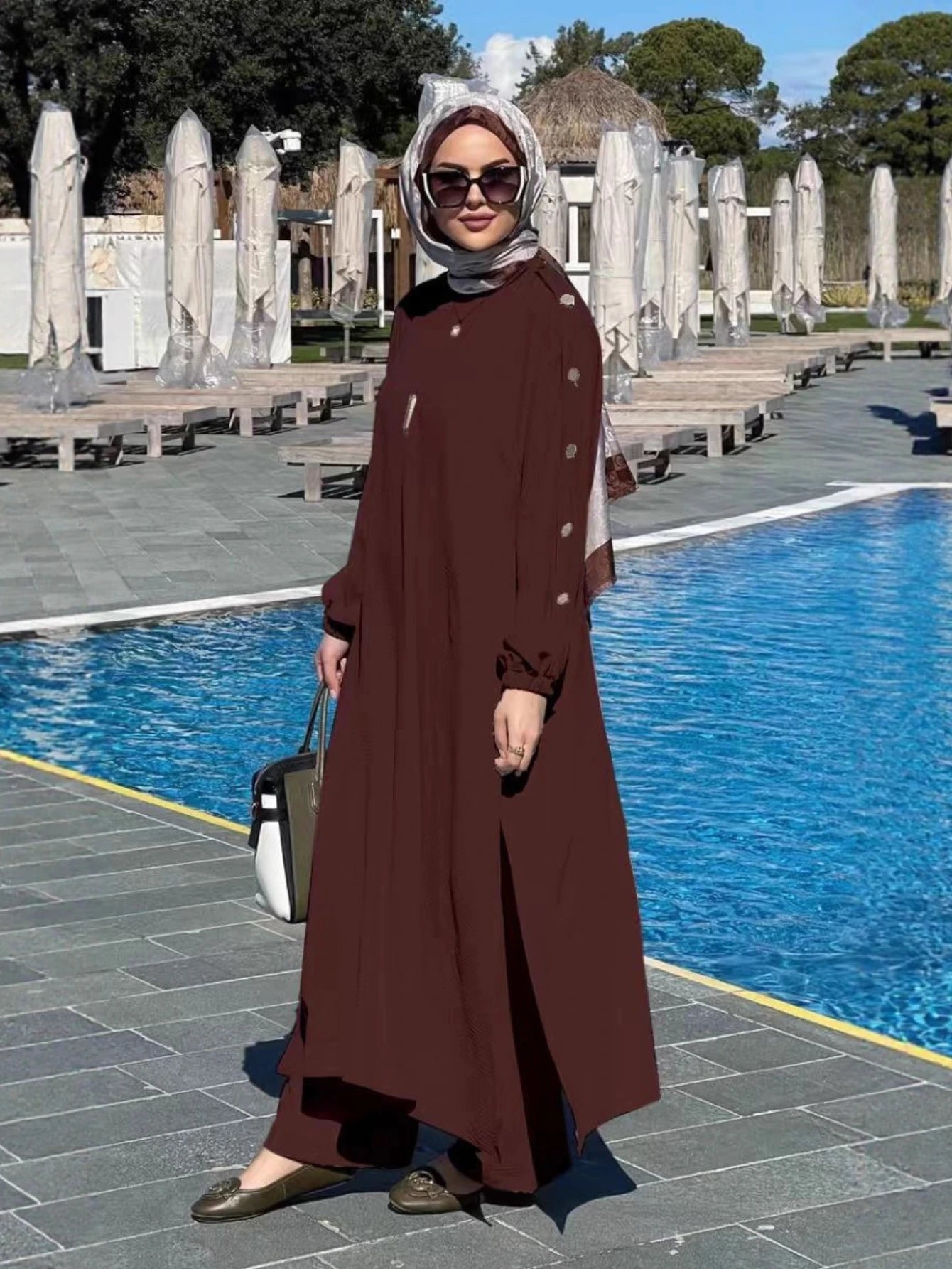 Muslim Dress for Women Blouse 2 Piece Set Long Sleeve Abaya Shirt Wide Leg Pant Suits Arabic Dubai Dresses Musulman Ensembles