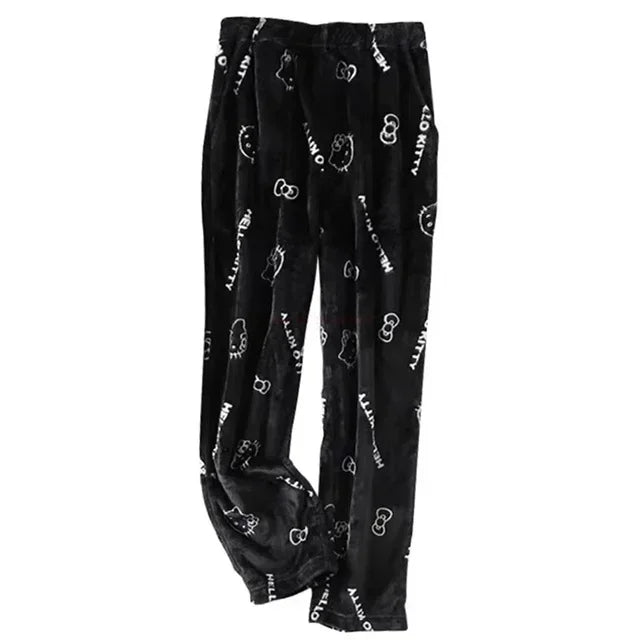 Christmas Sanrio Hello Kitty Pajamas Halloween Flannel Fashion Trouserswomen Kawaii Woolen Anime Cartoon Casual Home Pant Autumn