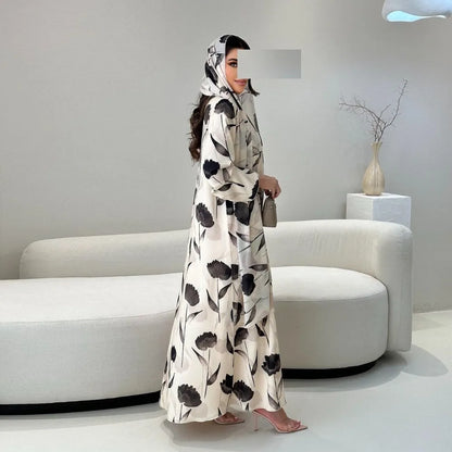 European Printed Abaya Suit Long Sleeved Robe and Headscarf Suitable for Muslim Women's Casual and Outdoor Activities Clothing