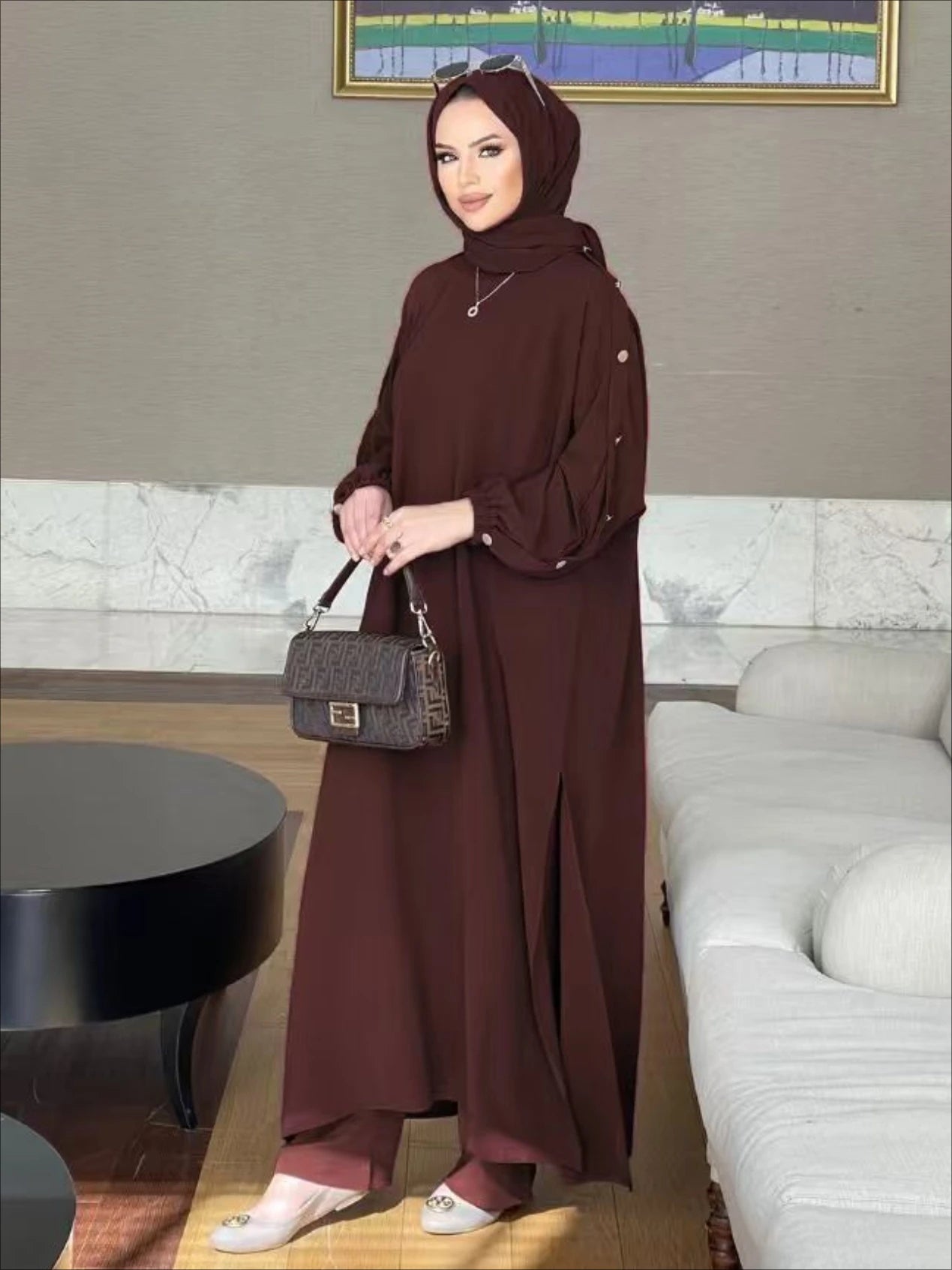 Muslim Dress for Women Blouse 2 Piece Set Long Sleeve Abaya Shirt Wide Leg Pant Suits Arabic Dubai Dresses Musulman Ensembles