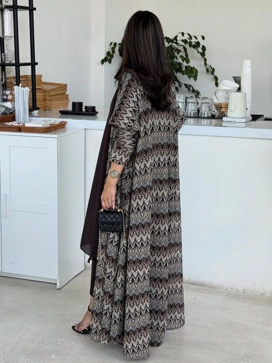 Middle Eastern Muslim Women Abayas Islamic Kaftans Vintage Maxi Dresses Full Sleeve Loose Jilbabs Open Front Abaya+Hajib 2pcs