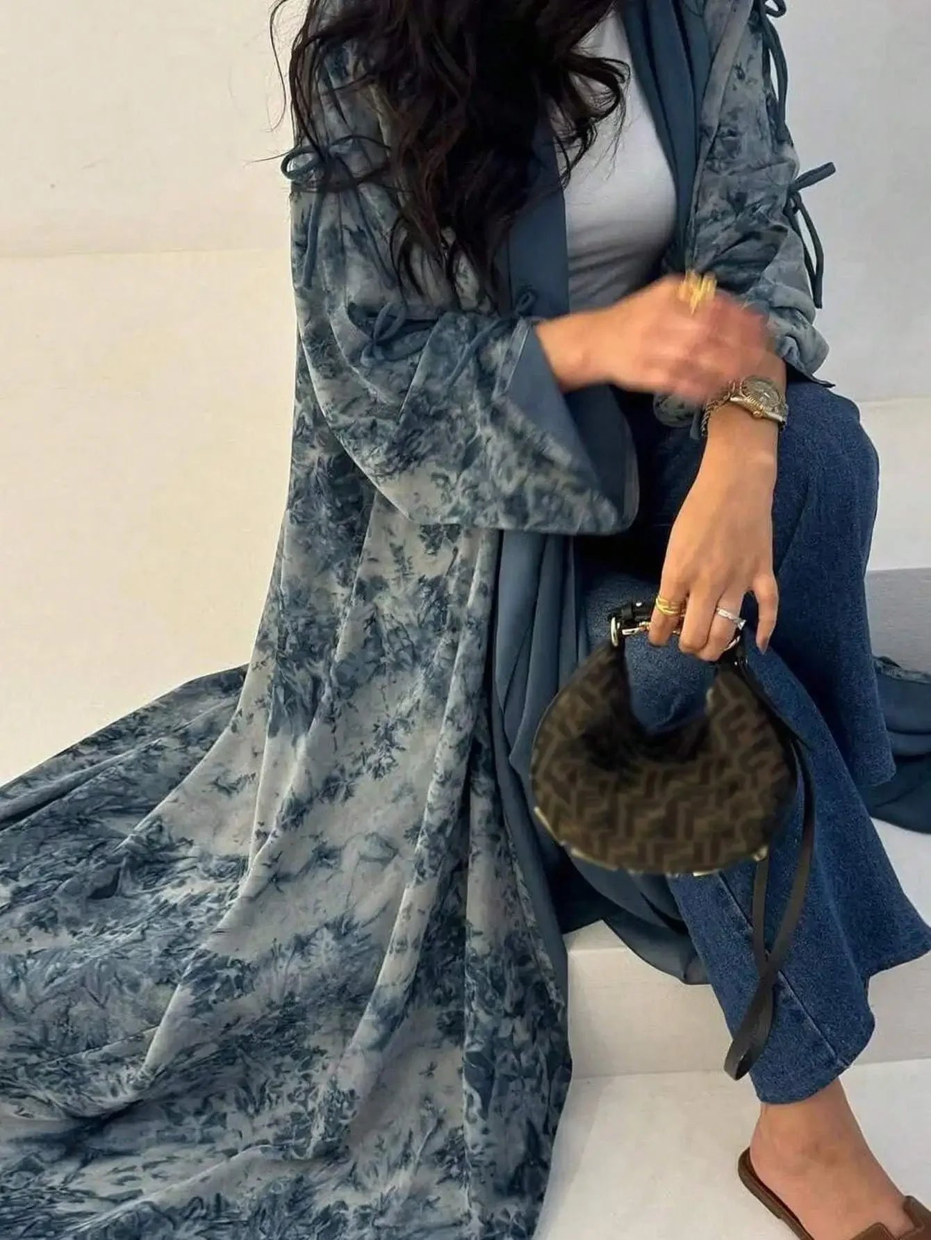 Middle Eastern Women cardigan Loose Tie Dye Abayas Casual Kaftan Arabian Maxi Dress Full Sleeve Open Front Jilbabs Without Hajib