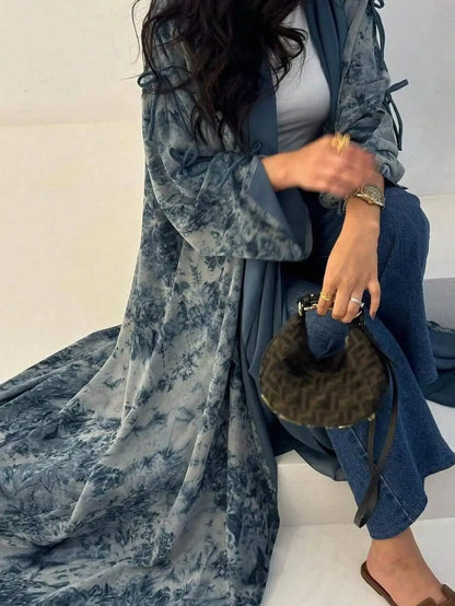 Middle Eastern Women cardigan Loose Tie Dye Abayas Casual Kaftan Arabian Maxi Dress Full Sleeve Open Front Jilbabs Without Hajib