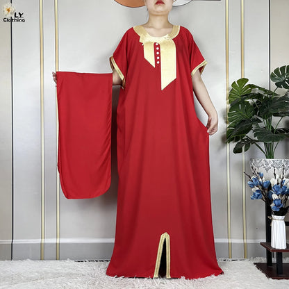 African Abayas New For Women Pure Color Cotton Islam Kaftan Maxi Short Sleeves Dresses Femme Muslim Casual Robe With Headscarf