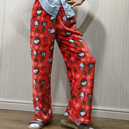 Christmas Sanrio Hello Kitty Pajamas Halloween Flannel Fashion Trouserswomen Kawaii Woolen Anime Cartoon Casual Home Pant Autumn