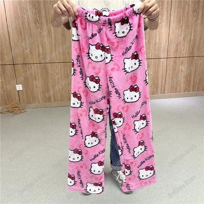 Christmas Sanrio Hello Kitty Pajamas Halloween Flannel Fashion Trouserswomen Kawaii Woolen Anime Cartoon Casual Home Pant Autumn