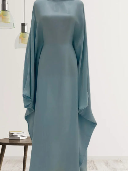 Muslim  High-End Solid Color Shiny Satin Batwing Sleeve Dress Long Robe Abaya Loose Maxi Dresss